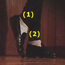 1 - En fot höjs och placerar tån framåt på marken (1), och stödjer hela kroppens vikt på den.