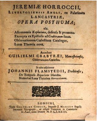 The title page of Jeremiah Horrocks' Opera Posthuma, published by the Royal Society in 1672.