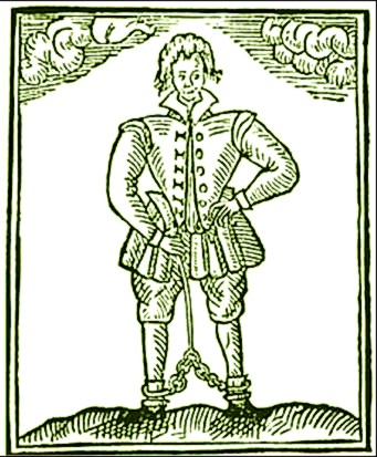 Richard Lichfield’s grober Holzschnitt (1597) von ''Thomas Nashe'' aus der feindseligen Schrift ''The Trimming of Thomas Nash Gentleman'', gedacht als boshafte Karikatur, um Thomas Nash als „Knastbruder“ in Misskredit zu bringen