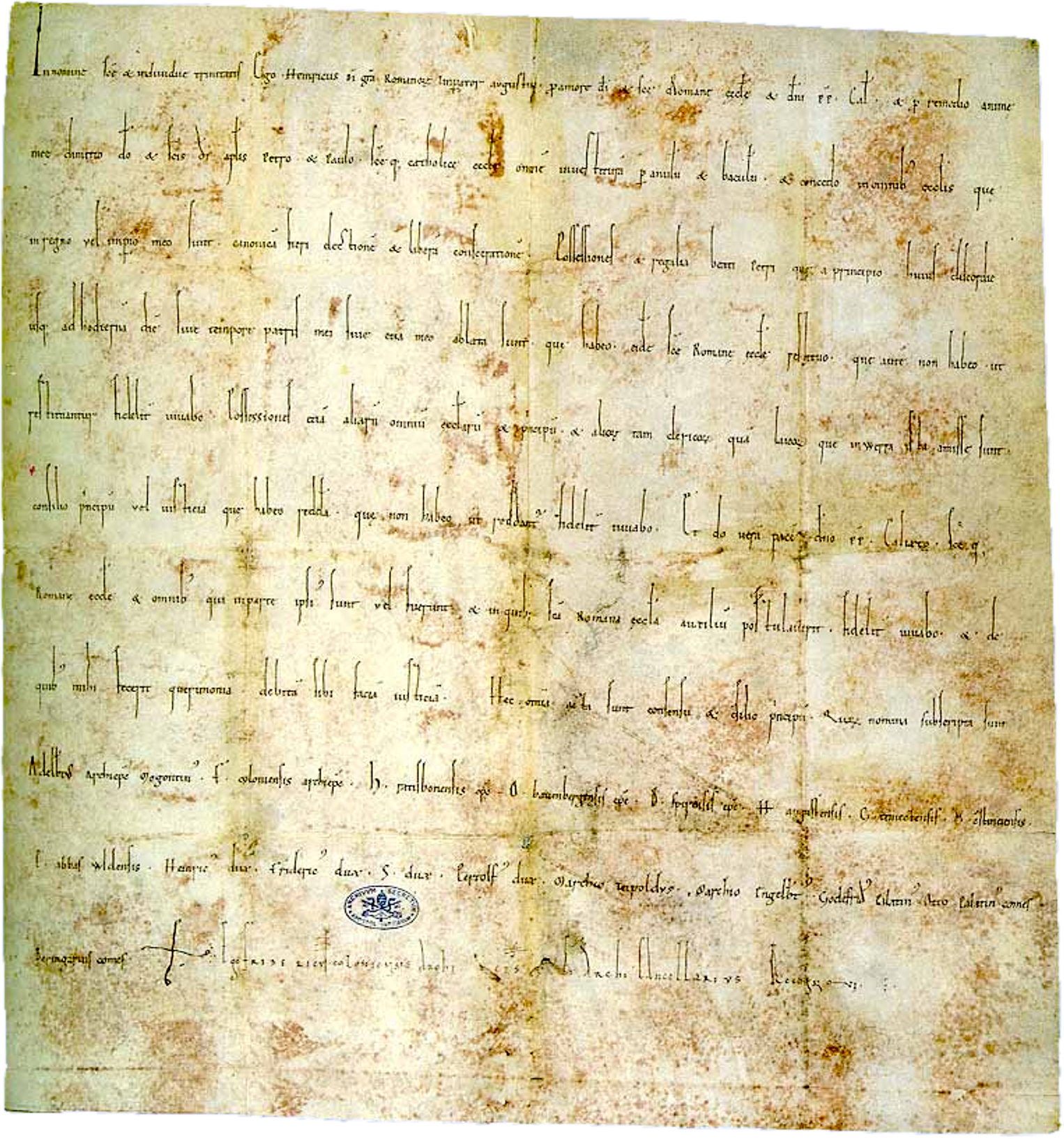 Kaiserliche Urkunde (Heinricianum) des Wormser Konkordats, ausgestellt am 23. September 1122 (Città del Vaticano, Archivio Segreto Vaticano, A. A., Arm. I-XVIII, 62.)