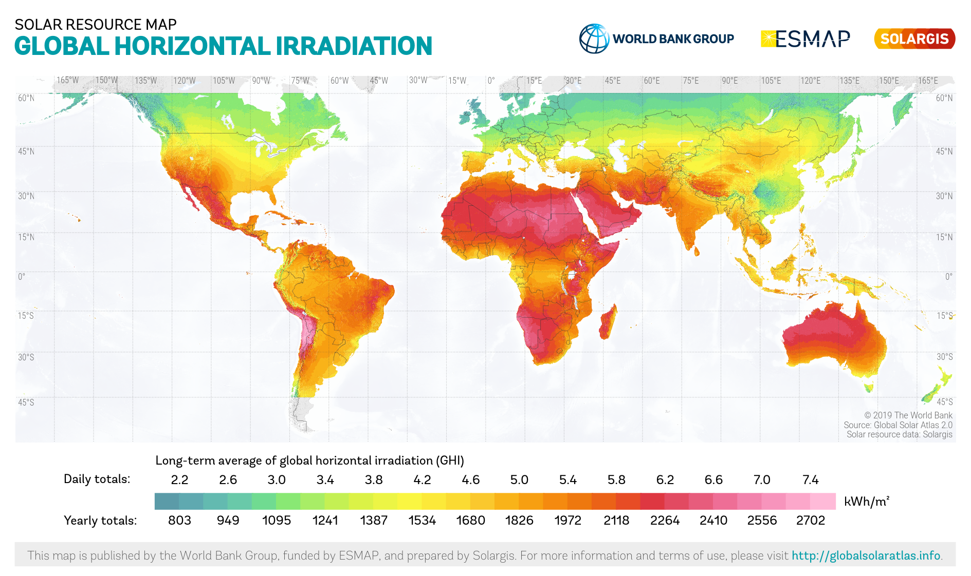 Solar resource map by World Bank- Global Horizontal Irradiance (GHI).