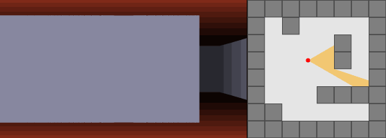 A simple ray casting rendering similar to the Wolfenstein 3D engine. The red dot is the player's location. The orange area represents the player's field of view.