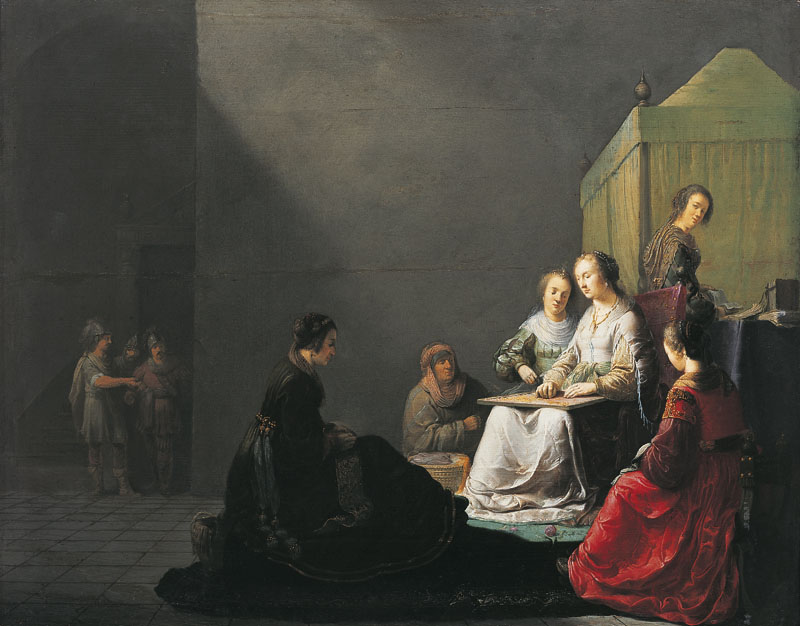 A painting of Lucretia weaving with her ladies. (painted by William Poorter)