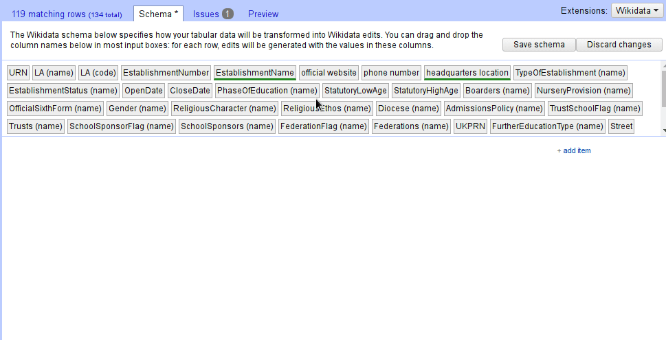 ウィキデータのインポートに関するチュートリアルの一部としてのOpenRefineプロジェクトのスクリーンショット。変更するために主題の項目を指定。