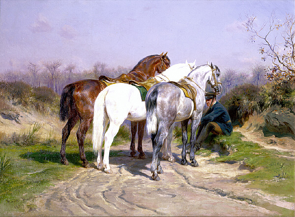 Horses on a road with hunter