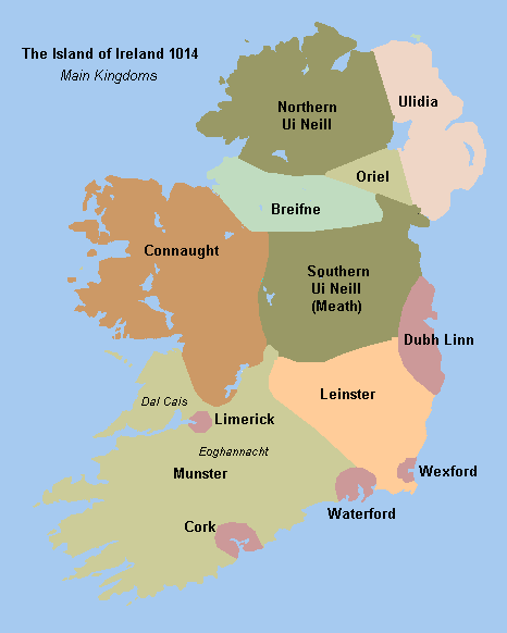 Ireland's main kingdoms as of 1014. Clockwise from the north-east they are Ulaid, Airgíalla, Mide, Laigin, Munster, Connaught, Breifne and Aileach. The city-states of Dyflin, Weisforthe, Vedrafjord, Corcach and Luimneach are shown. Missing are kingdoms of Osraighe and Uí Maine.