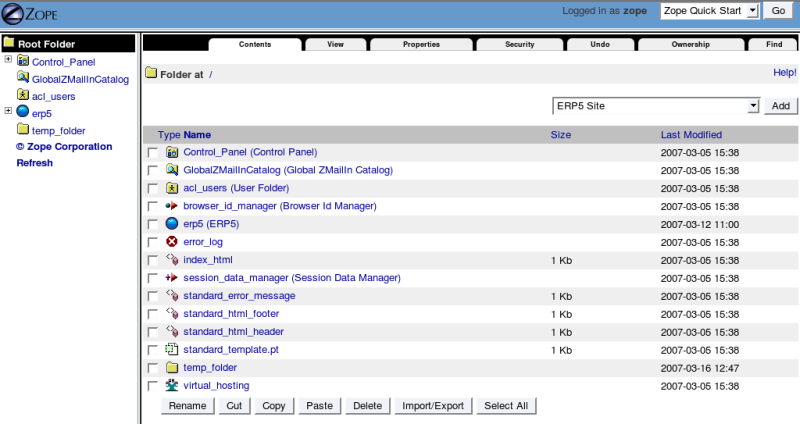 Main Zope Management Interfaces screen