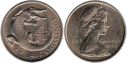 A 1966 Gambian four-shilling coin depicting the Queen of the Gambia