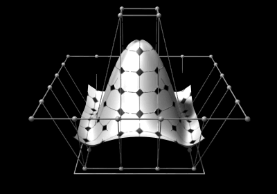 Dreidimensionale NURBS-Flächen können komplexe, organische Formen aufweisen. Kontrollpunkte beeinflussen die Richtungen der Oberfläche. Das äußerste Quadrat unten skizziert die X/Y-Ausdehnungen der Oberfläche.