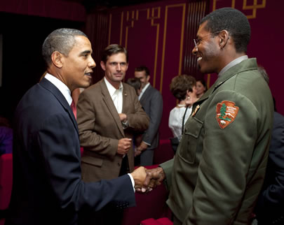 President Barack Obama and Shelton Johnson discussing the Ken Burns documentary on the National Parks