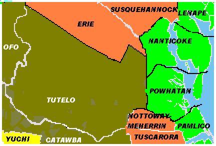 Estimated linguistic divisions c. AD 1565. Green is Algonquian, orange is Iroquoian, and olive is Siouan languages.