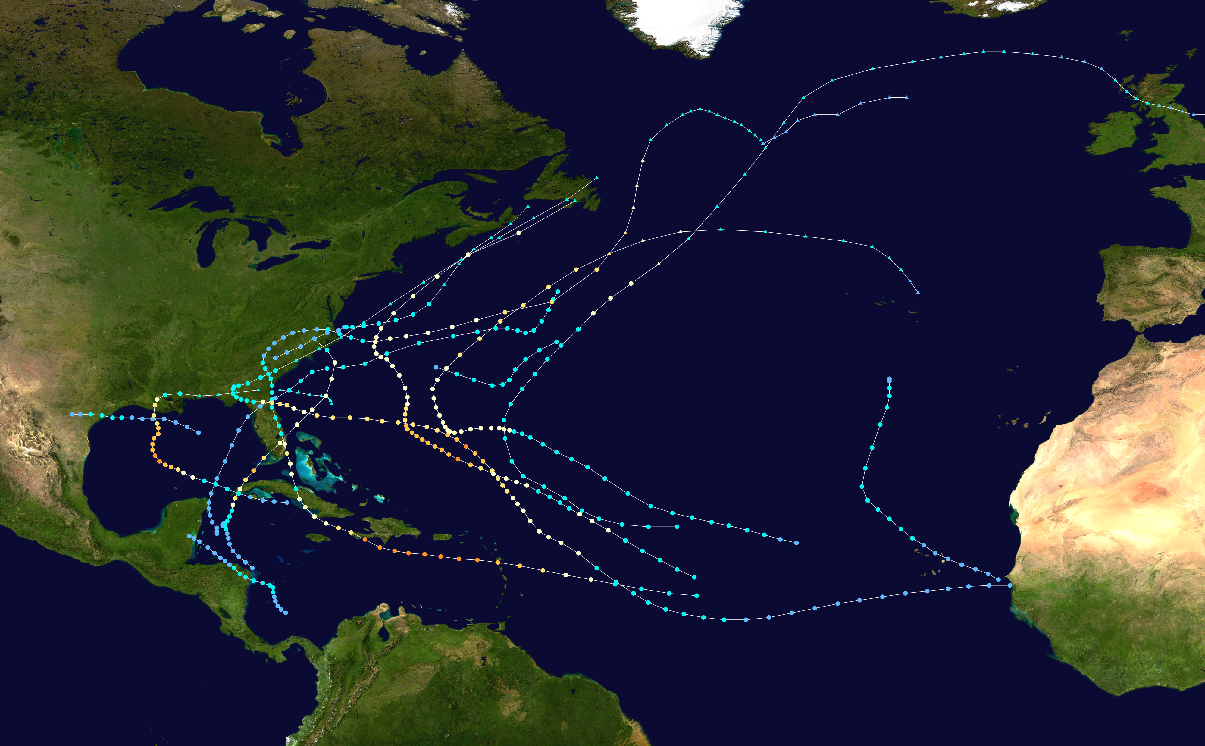 Season summary map of the 1964 Atlantic hurricane season
