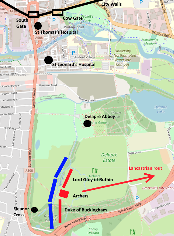 Estimated positions of the Yorkist and Lancastrian armies at Northampton, 10 July 1460