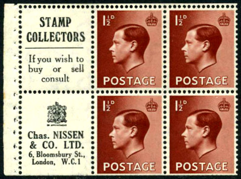 A pane from a British 1936 booklet featuring advertising for stamp dealer Charles Nissen.