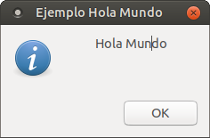 Resultado de la ejecución de un programa «Hola mundo» en una interfaz gráfica de usuario de Ubuntu.