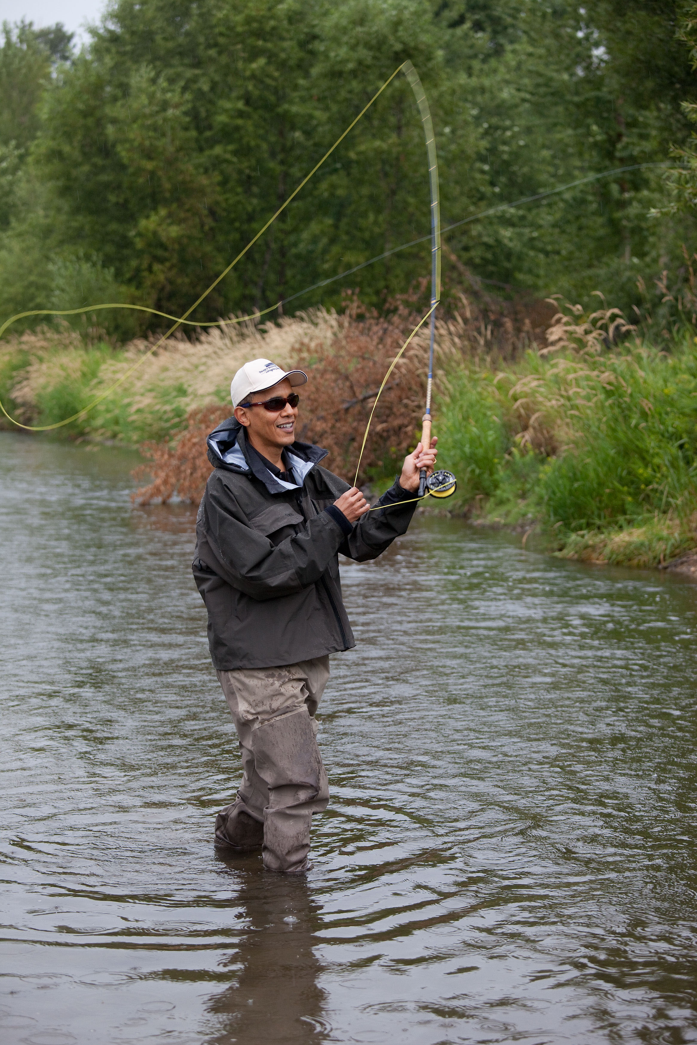 File:President Barack Obama casts his line while fishing for trout on the East Gallatin River near Belgrade, Mont., on Aug. 14, 2009.jpg - Wikimedia Commons
