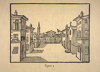 Perspective drawing of a complex stage set, from p. 23 of Sabbatini's book, 1638.