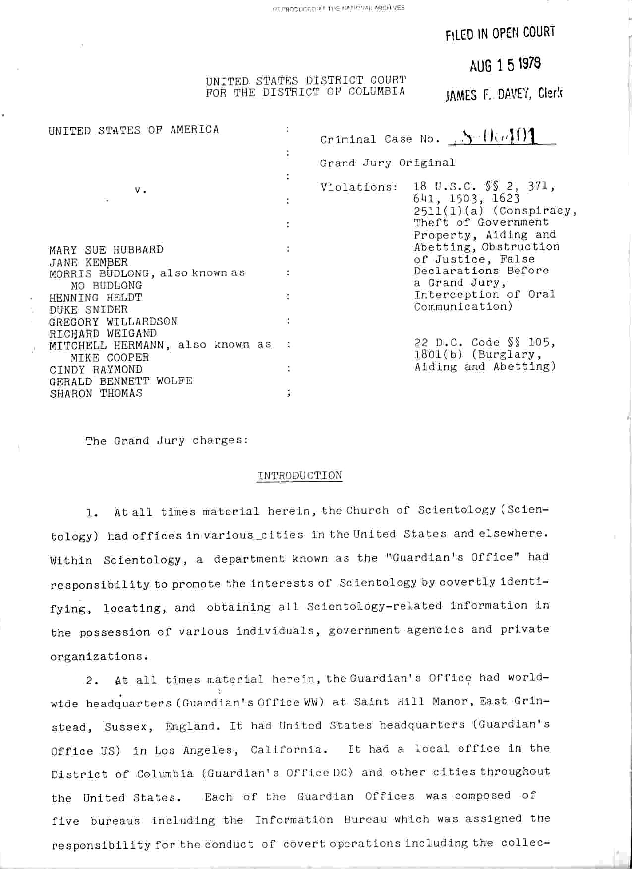 Grand Jury Charges, Introduction, ''[[United States of America v. Mary Sue Hubbard