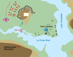 This is a period map showing the forces arrayed at the Battle of Carillon  at Fort Ticonderoga (then known as Fort Carillon) in 1758. It is captioned  A Plan of the Town