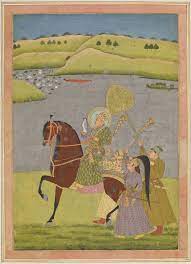 Image of Muhammad Shah on a horse with 3 attendants following behind him on foot. One is holding a fan.