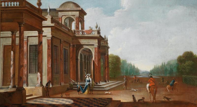 File:Jakobus Ferdinandus Saey - Palatial architecture in a park with an elegant couple and a hunting party.Jpeg