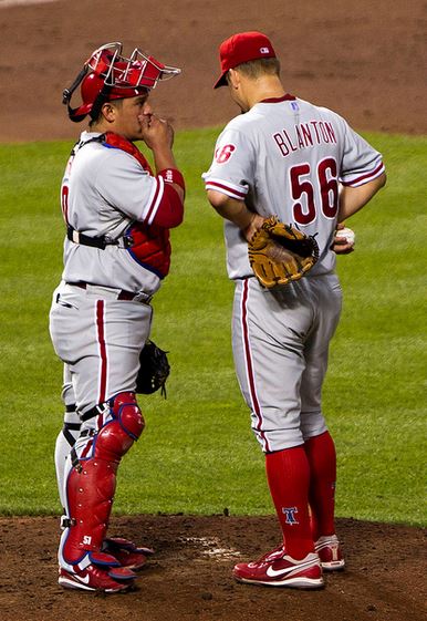 File:Joe Blanton and Carlos Ruiz confer.JPG