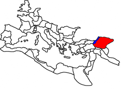 Armenia Inferior (na niebiesko) oraz Armenia Superior (na czerwono) na mapie Rzymu w 120 n.e