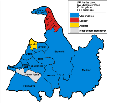 Map of the results for the 1987 Solihull council election. Solihull UK local election 1987 map.png