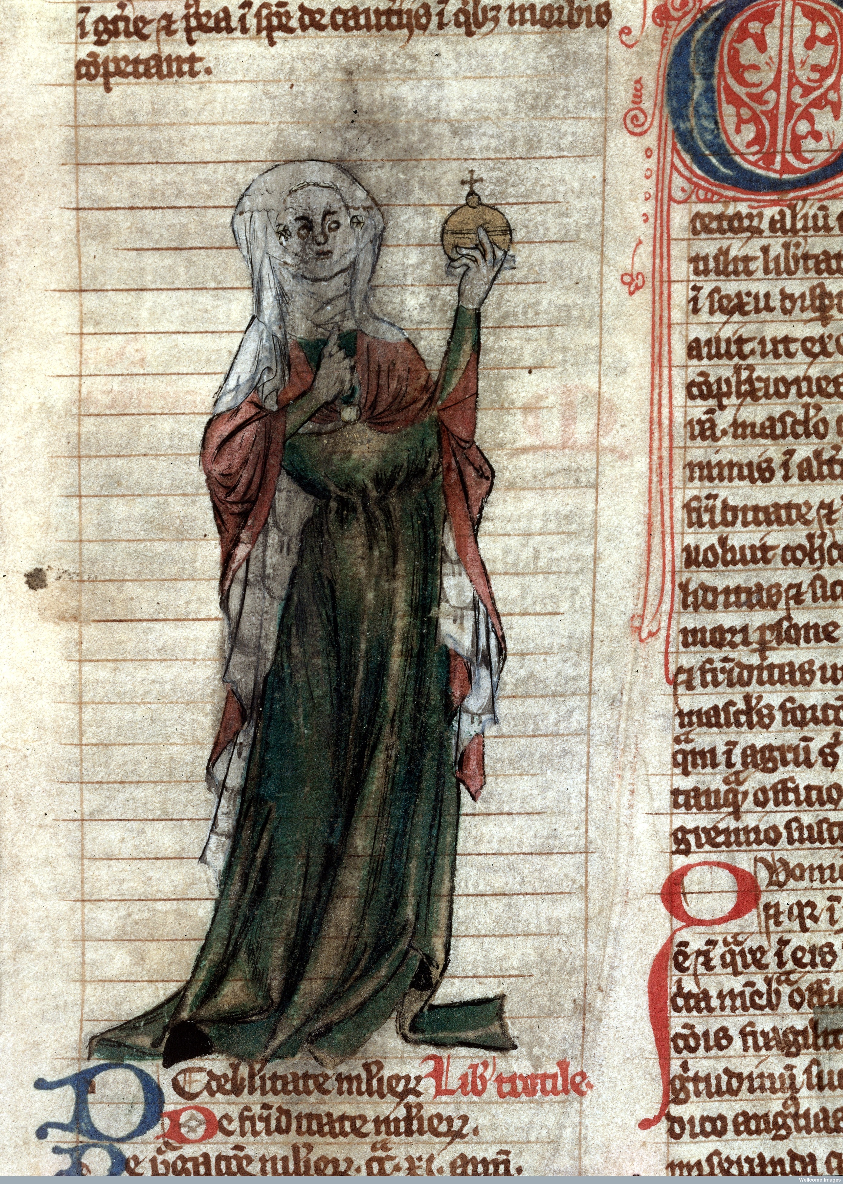 London, Wellcome Library, MS 544 (Miscellanea medica XVIII), early 14th century (France), a copy of the intermediate ''Trotula'' ensemble, p. 65 (detail): pen and wash drawing meant to depict "Trotula", clothed in red and green with a white headdress, holding an orb.