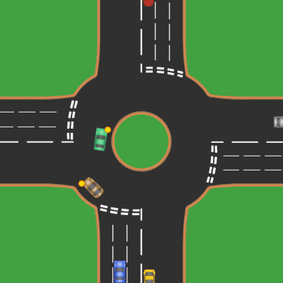 Movement within a roundabout in left-hand traffic; note the clockwise circulation