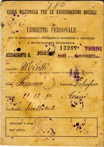 An old social insurance card (dated 1921) belonging to the Istituto Nazionale della Previdenza Sociale, which makes sure that workers are not injured from work, and if they are, that they are insured.