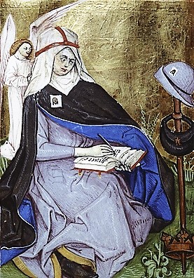 Saint Bridget in the religious habit and the crown of a Bridgettine nun, in a 1476 breviary of the form of the Divine Office unique to her Order