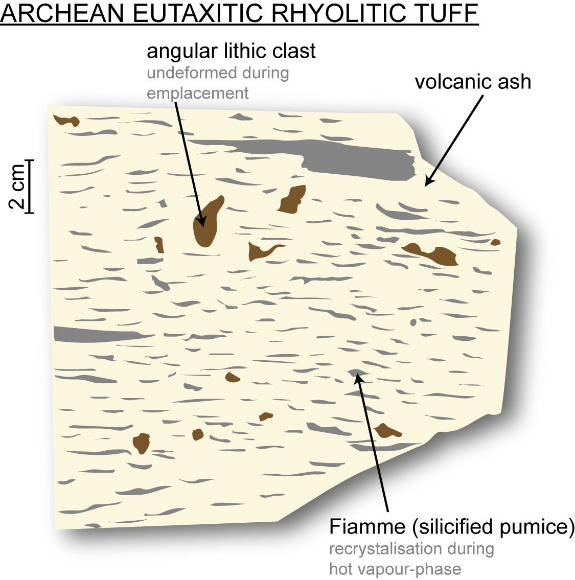 Archean felsic volcanic rock containing fiamme structure