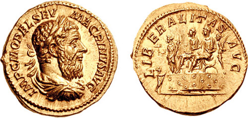 Aureus issued under Macrinus: he and his son Diadumenianus are depicted as providing for the people as Liberalitas embodied stands by (with the legend reading LIBERALITAS AUG[USTORUM]) Aureus Macrinus-RIC 0079.jpg