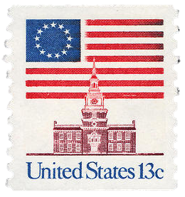 1975 13¢ stamp features the Betsy Ross flag behind Independence Hall[59]