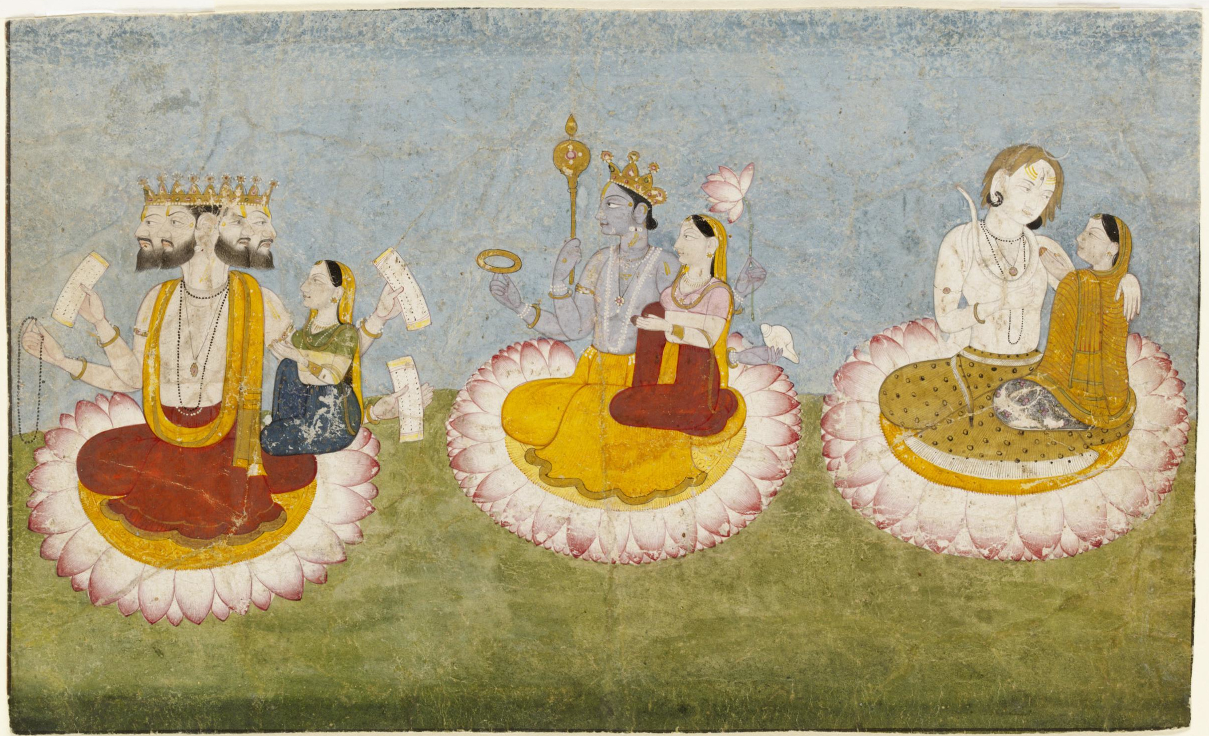 Brahma, Vishnu and Shiva seated on lotuses with their consorts, ca1770.jpg