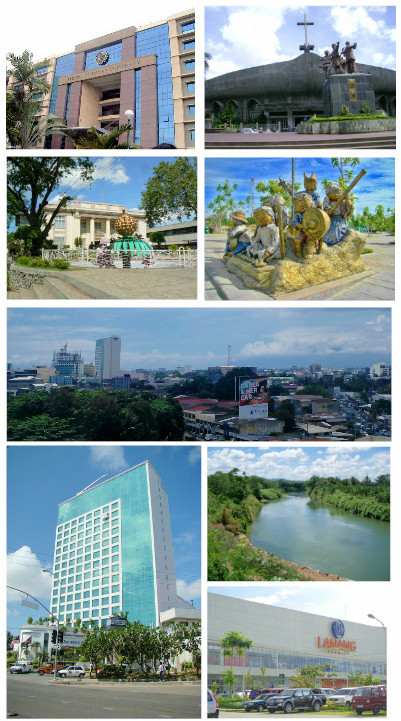 From top left to right: Ateneo de Davao University, Metropolitan Cathedral of San Pedro, Davao City Hall, People