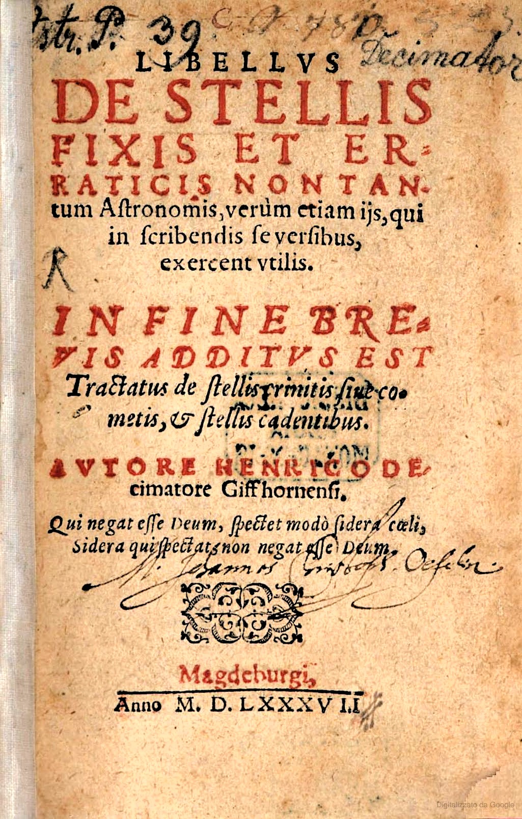 ''Libellus de stellis fixis et erraticis'', 1587