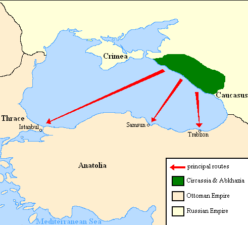 Migratieroutes van Circassiërs naar het Ottomaanse rijk