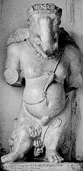 The Gardez Ganesha, a 6th-century marble Ganesha found in Gardez, Afghanistan, now at Dargah Pir Rattan Nath, Kabul. The Sharada inscription says that this "great and beautiful image of Mahāvināyaka" was consecrated by the Shahi King Khingala of Khatriya Country Modern Part of Punjab Pakistan and Afghanistan. [6]