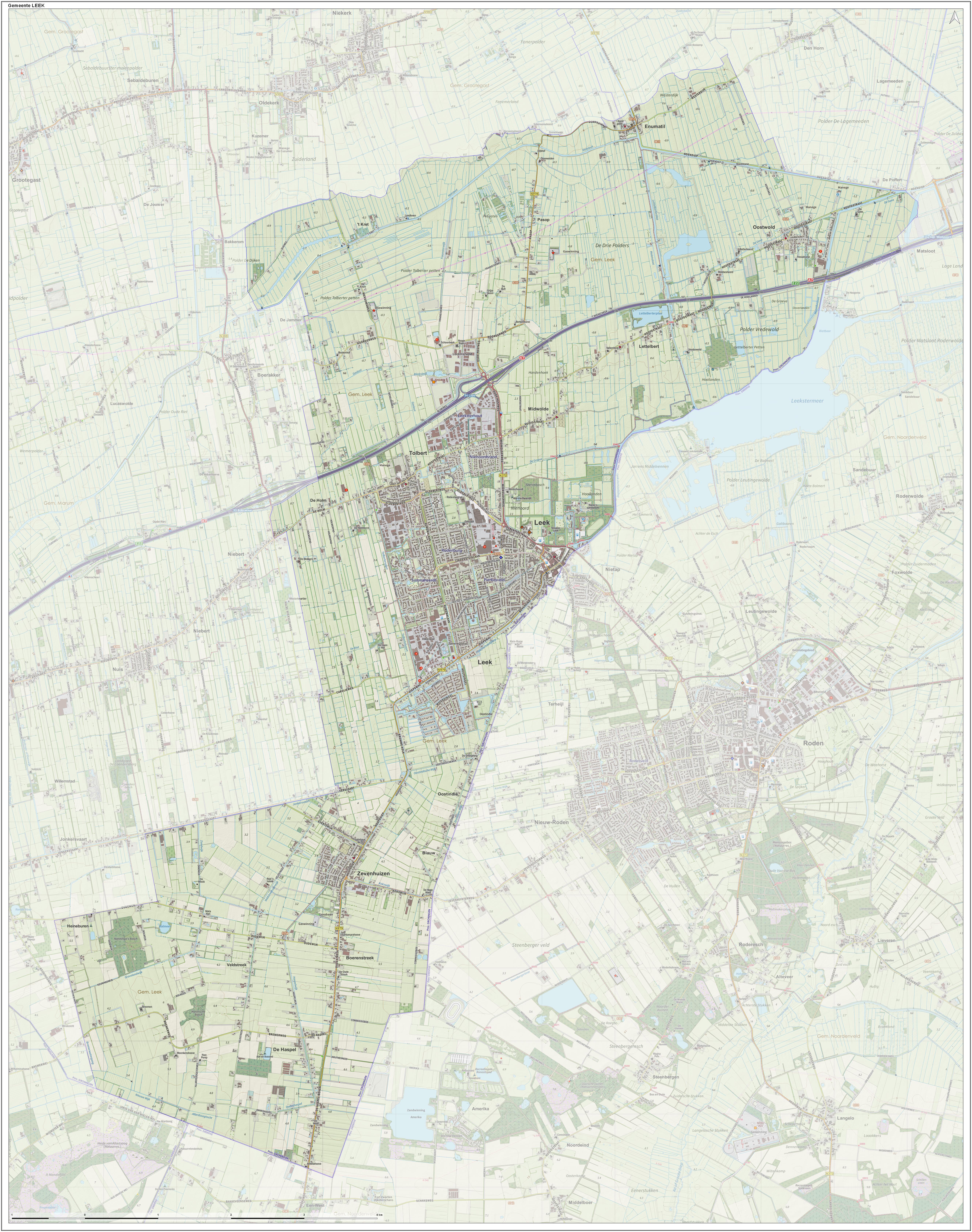 Duch topographic map of the municipality of Leek, Groningen, as per June 2015