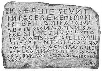 Funerary stele from Narbonne at the 7th-century beginning of the reign of Egica.  The text begins with the Latin phrase requiescunt in pace and includes the Hebrew phrase שלום על שראל, 'peace be upon Israel'.  In various sources it is described as a Jewish inscription dated with the local calendar—the regnal year of Egica—rather than the Hebrew calendar,[16] an "inscription relating to the Jews of France",[15] or as a "Christian inscription".[17]