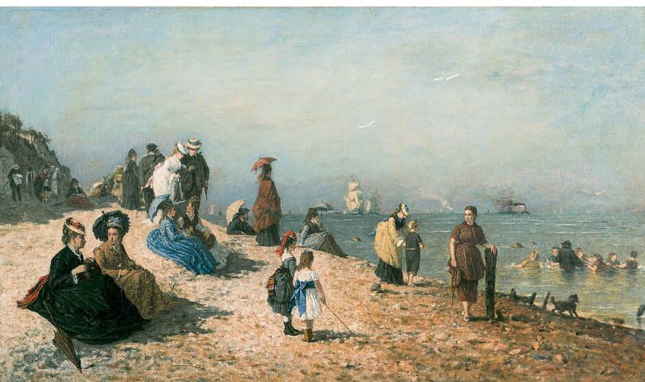 Schilderij van Louis-Alexandre Dubourg, voorstellende elegante badende vrouwen op het strand van Honfleur.