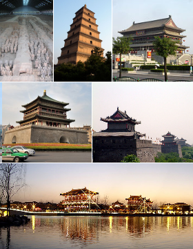 Xi’an (von oben links): Terrakotta-Armee, Große Wildganspagode, Trommelturm, Glockenturm, Stadtmauer und Freizeitpark „Tang Paradies“