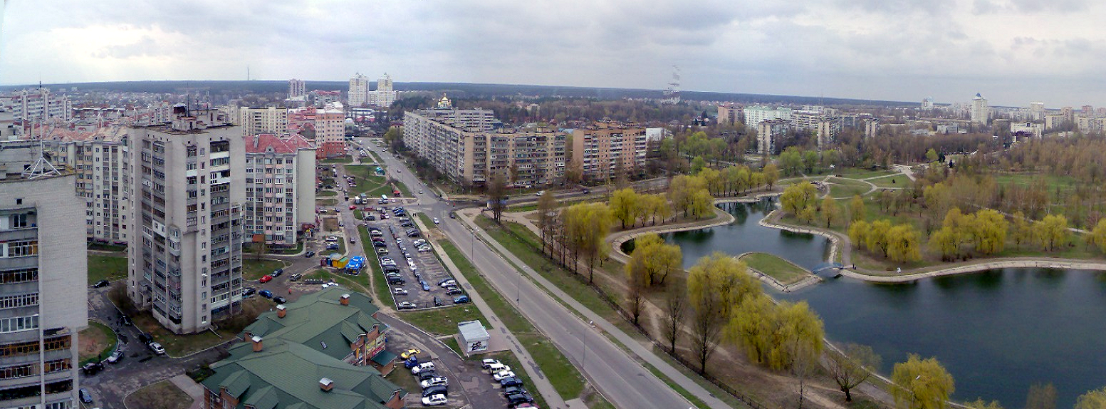 Бровары с 18 этажа Бровары, вид из высотки на улице Михаила Грушевского, Воссоединения и парк "Победы"