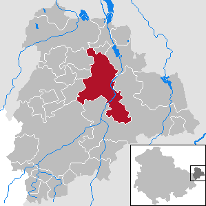 Lage der Kreisstadt Altenburg (rot), im Landkreis Altenburger Land (dunkelgrau)