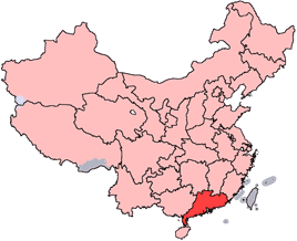 Guangdongs läge i Kina.