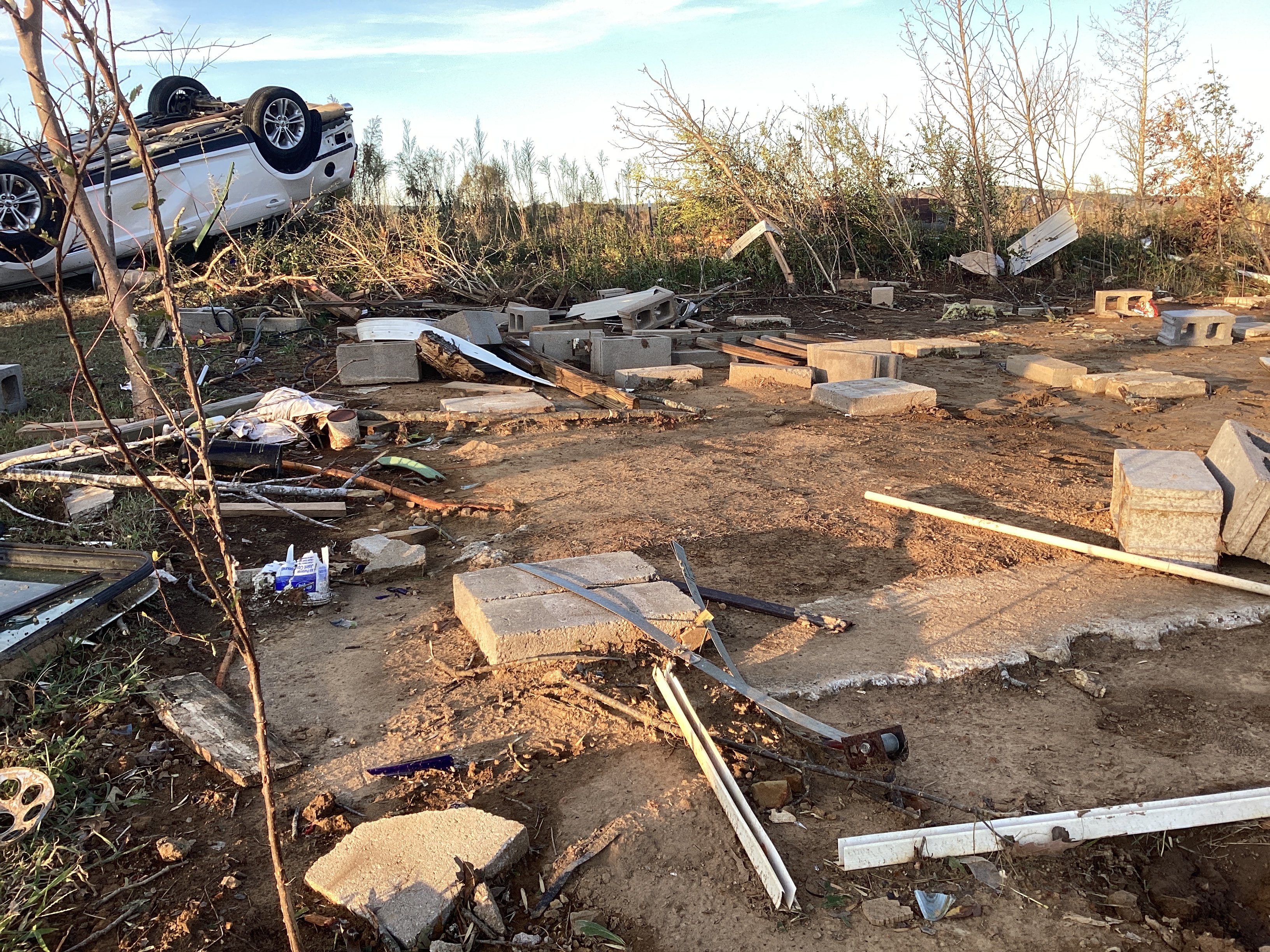 A mobile home that was destroyed and vehicle that was rolled by an EF2 tornado east of Pickens, Oklahoma. One person was killed at this location.