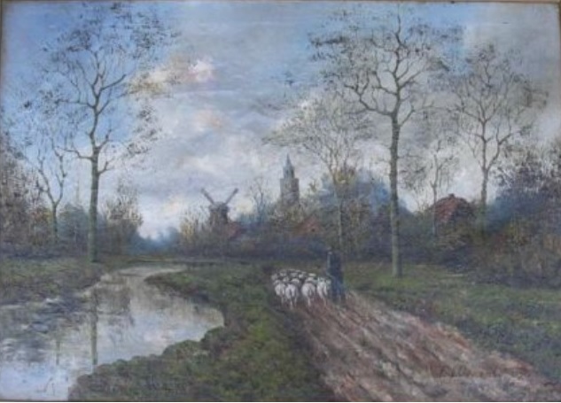 File:F.J. Ouwens - Herder met schapen in een rivierlandschap voor een stad.jpg