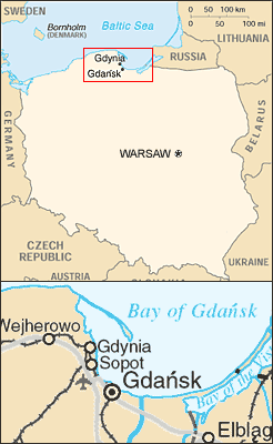 Gdańsk's location in Poland, and the Gdansk/Gdynia/Sopot area in detail